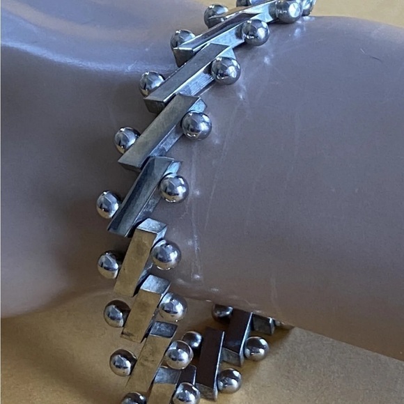 Vintage Heavy Sterling SilverDouble Head Ball Pin & BlockLink Bracelet